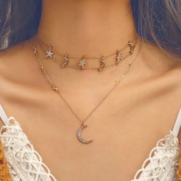 Boho Multilayer Choker Star Moon Crystal Necklace - Picture 1 of 8
